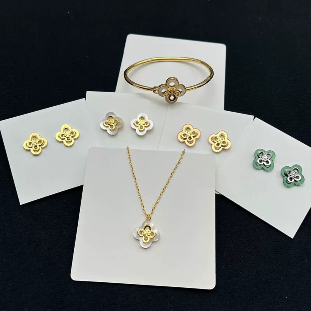 Tory Burch Shell Inlay Gold Plated Four Leaf Clover Earrings Bracelet Necklace